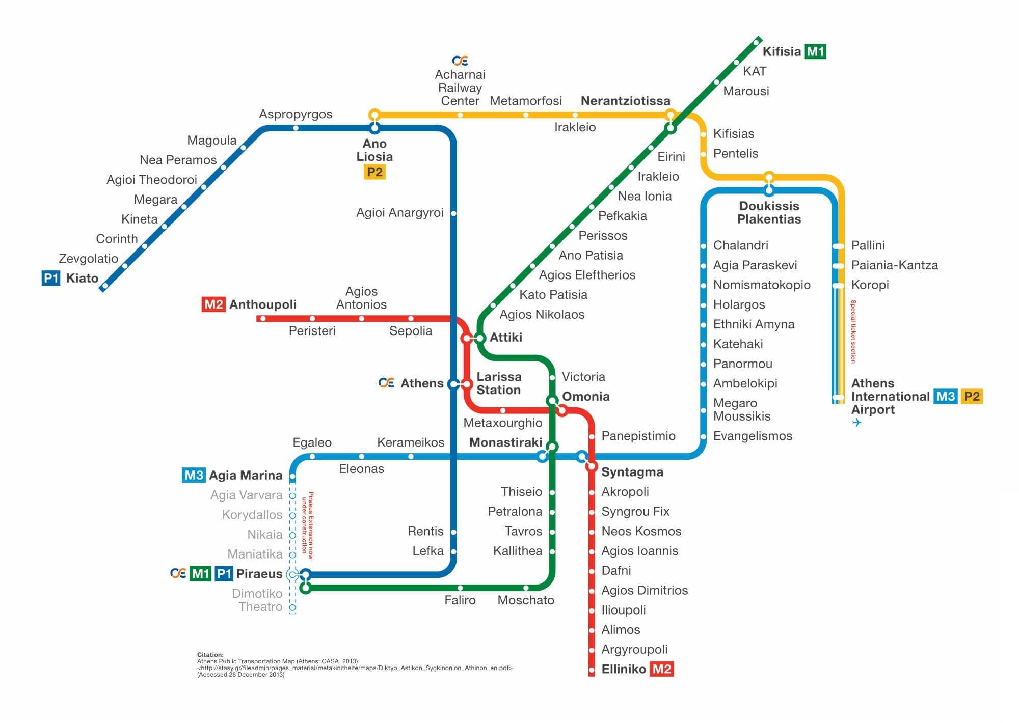 Схема метро Афин 2018 года