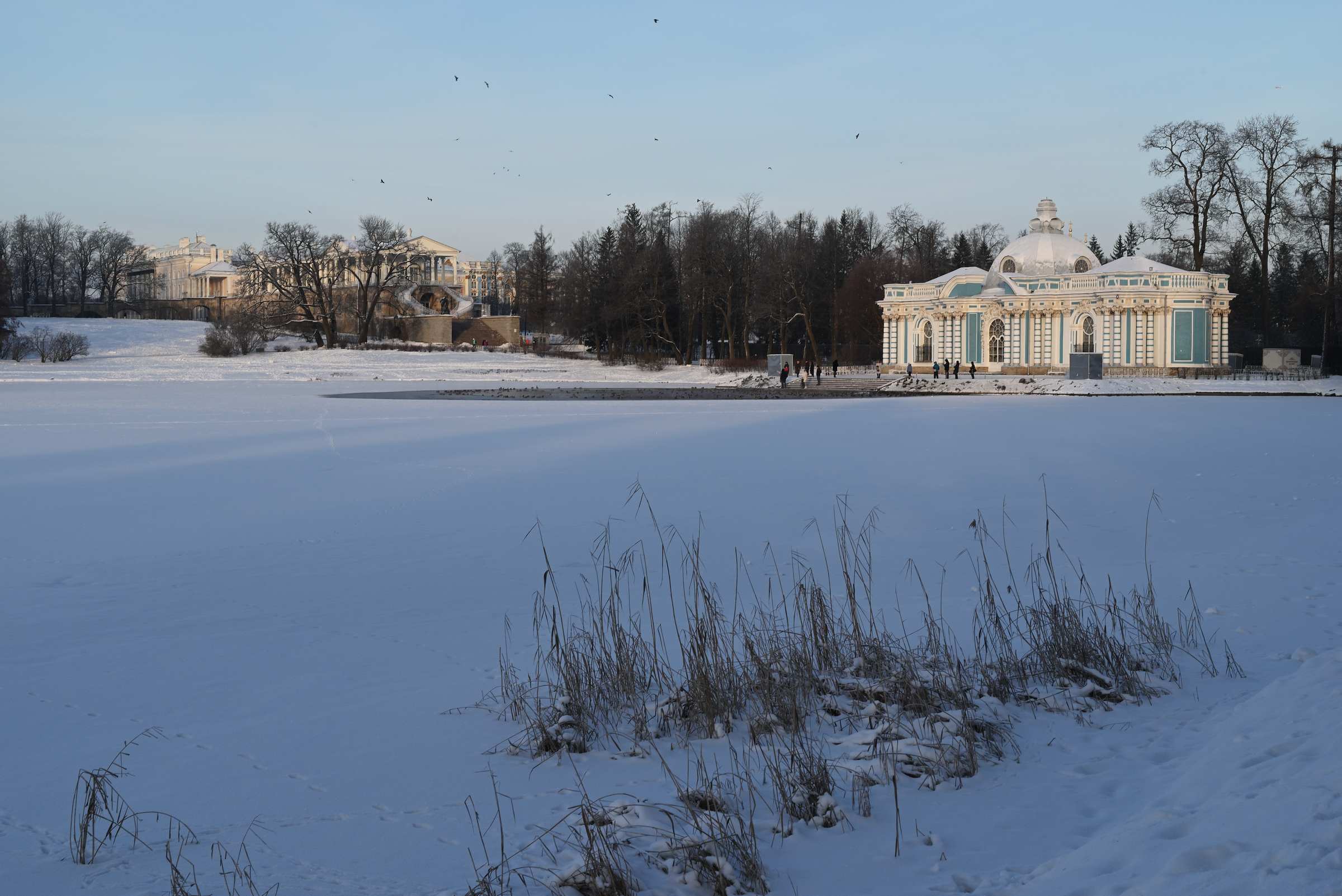 Екатерининский парк зимой. Большой пруд. Камеронова галерея и павильон Грот